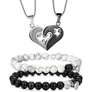 NEW 4Pcs Couples Bracelet Necklace Set Matching His and Hers Promise Lov…